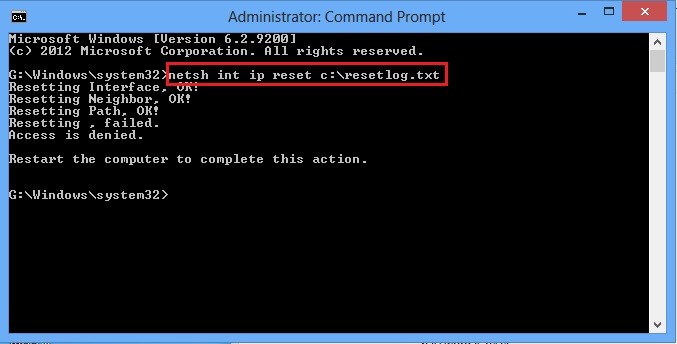 Netsh int ip reset command